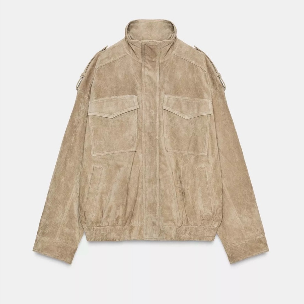 Zara Women's Viral Tan/Taupe REAL Suede Bomber Jacket